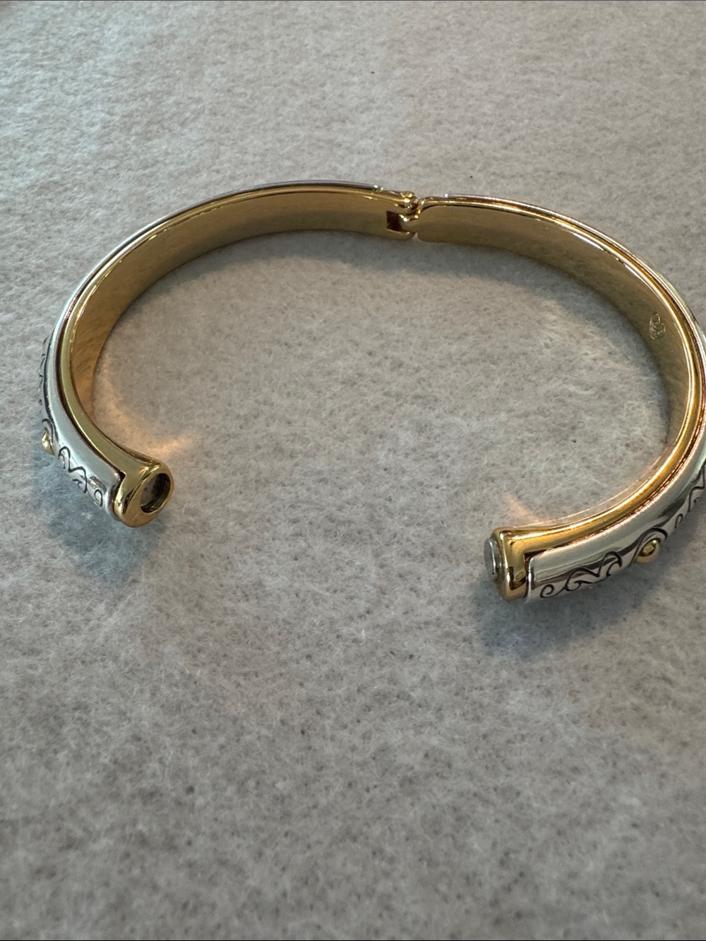 Brighton Two-Tone Silver and Gold Decorative Hinged Bangle Bracelet - Picture 4 of 5